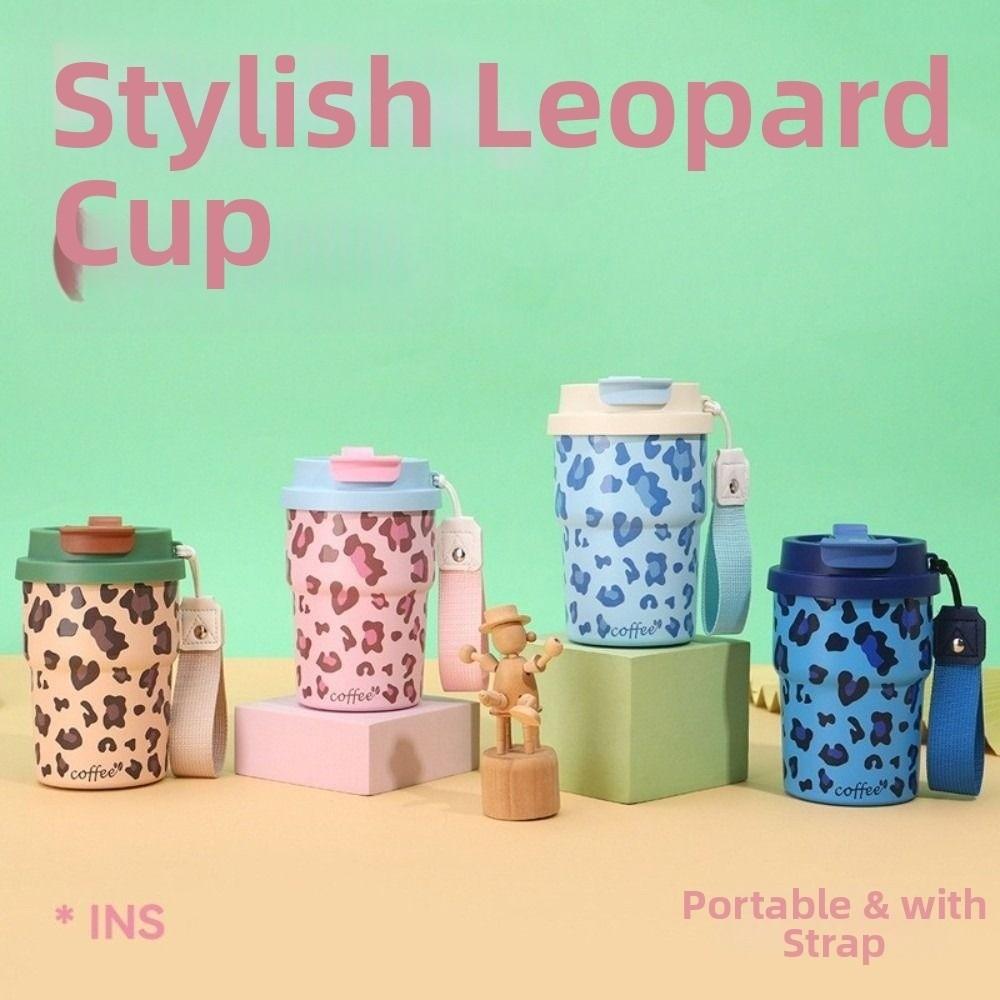 Leopard Print Thermal Water Bottle 450ml Drinking Straw Cup Vacuum Flask Sports Activities