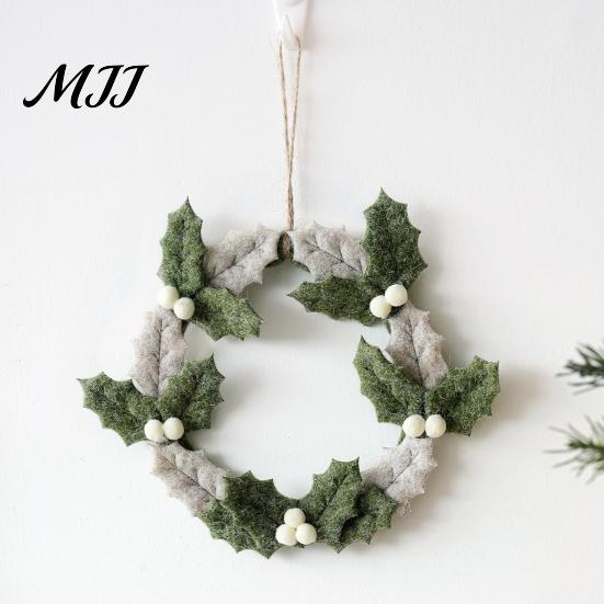 Holiday Wall Hanging Decor 8 Inch Felt Christmas Holly Wreath, Handmade Berry Festival Scene Ornament Wreath for Front Door, Winter Window Reusable