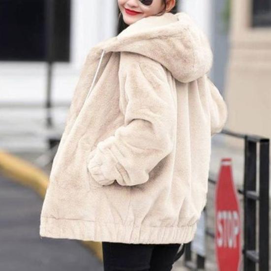 Fall Winter Women Jacket Thick Plush Solid Color Hooded Warm Windproof Soft