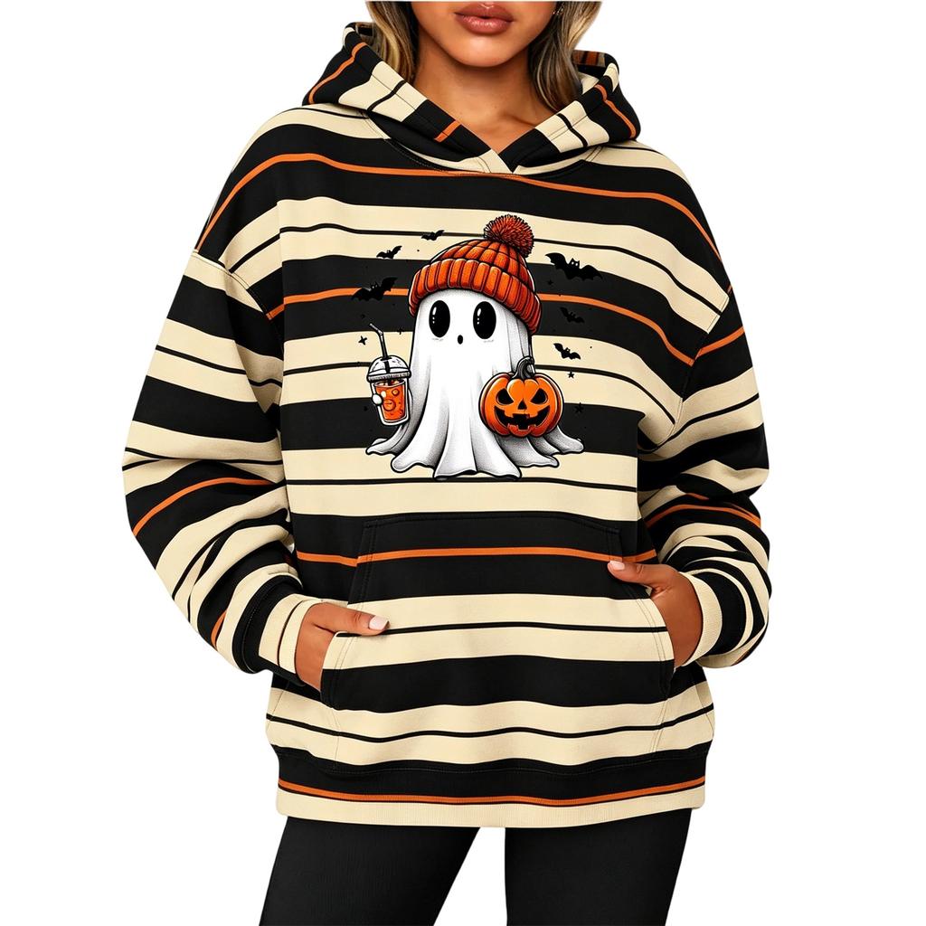 Women's Fashion Striped Print Long Sleeve Pullover Hoodie with Pockets for Halloween