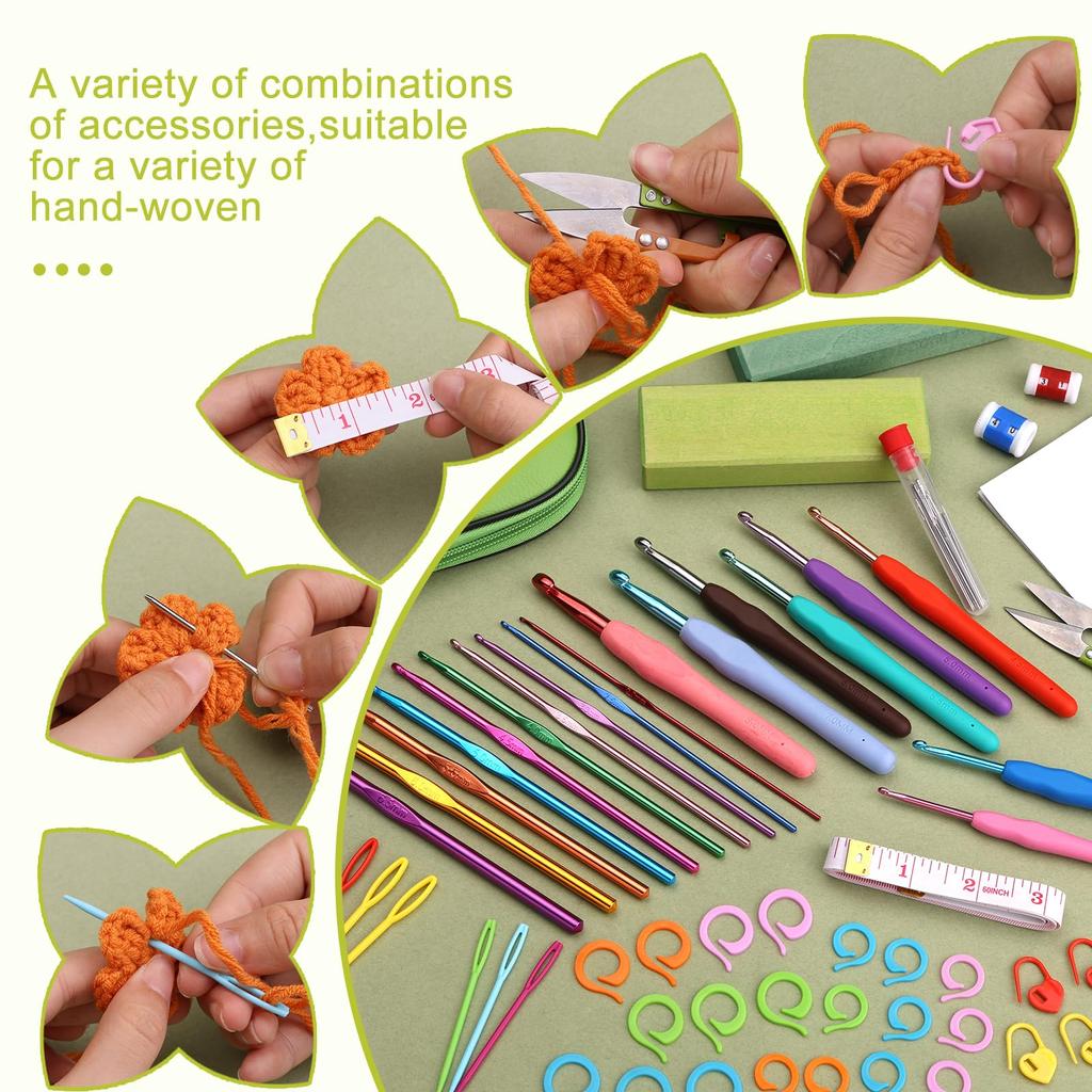 Set Croșet Fenrry Kit Acului de Croșetat Începător Acului de Lână Etui Verde și Accesorii de Croșetat pentru Tricotat Artizanat