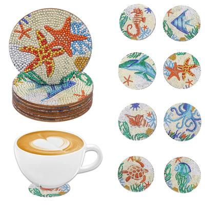 8-piece DIY Marine Animal Print Diamond Art Painting Coasters Wooden Coasters Living Room Office Bar Restaurant
