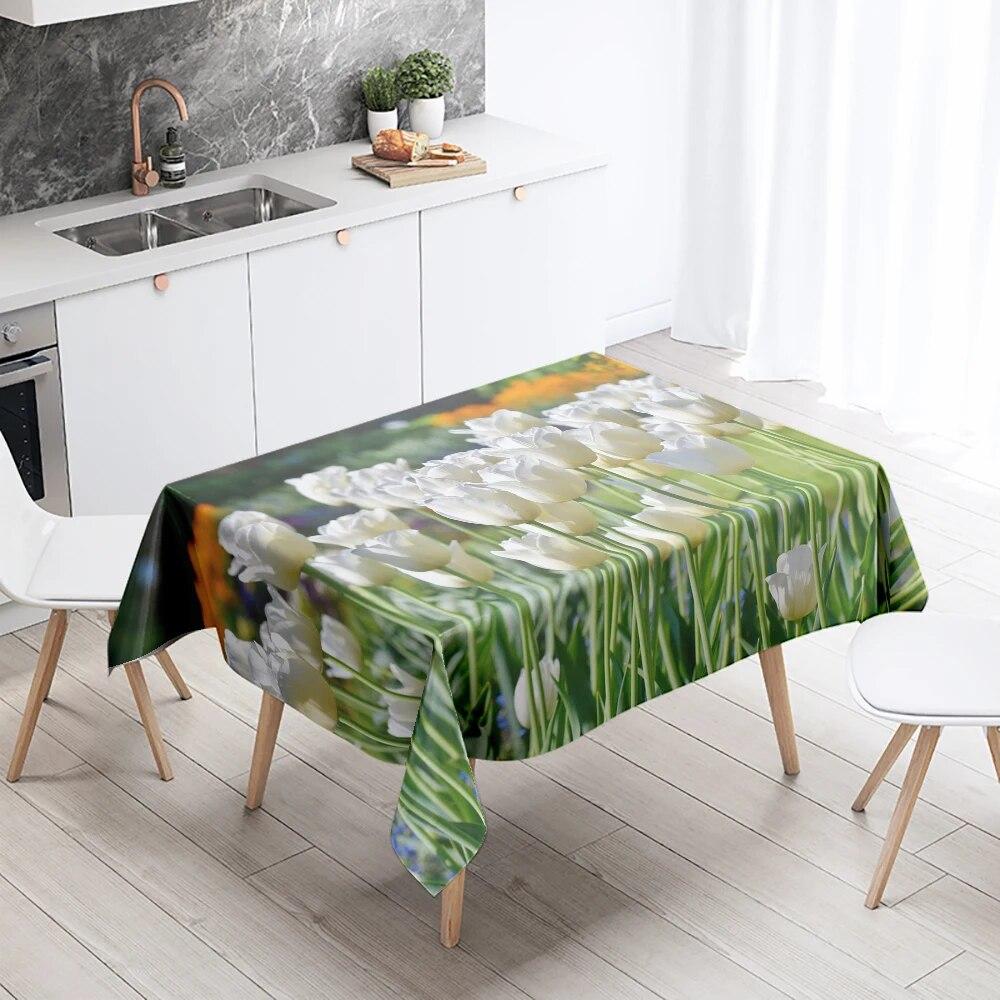 White Red Tulip Tablecloth Colorful Floral  Stain Resistant Waterproof Rectangular Kitchen Dining Table Home Decor