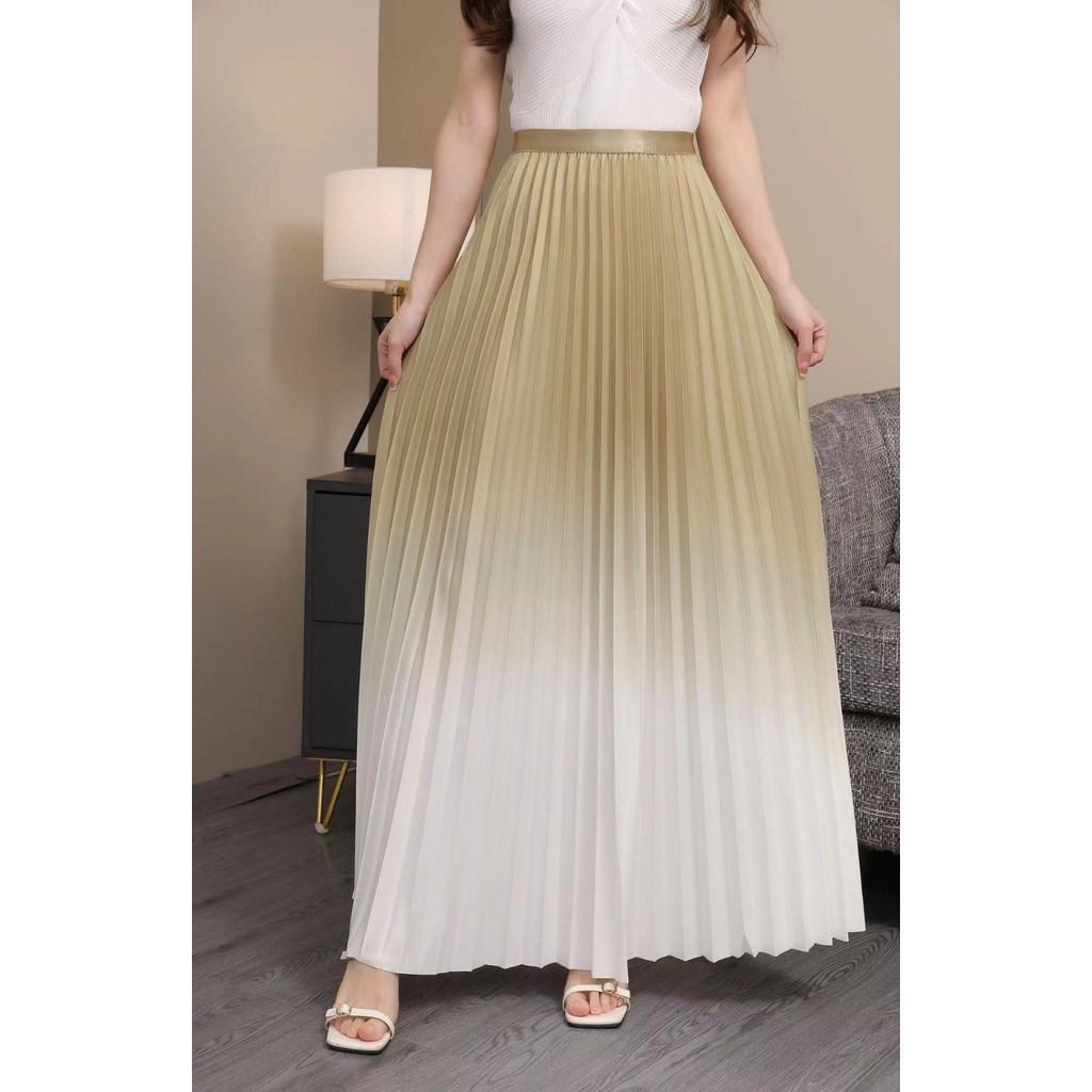 Qooth Elegant Women A Line Gradient color Pleated Skirt Wide Hem Mid Length Elastic Waist Slim Skirt QT2643