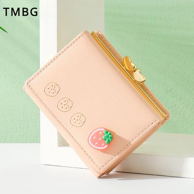 European American Cute Sweet Student Short Wallet 3 Fold Cartoon Strawberry Coin Purse for Girls High Quality PU Children Creative Mini Money Clips