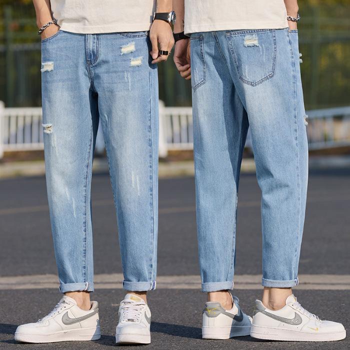 

Spring and summer jeans for men, versatile straight-leg, Korean style, trendy, ripped, slim, versatile, youth nine-point pants for men 38