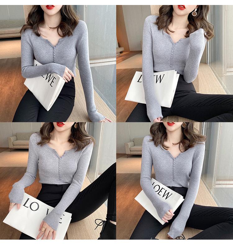 Koreanische Version für Herbst und Winter mit V-Ausschnitt, langärmeligem Pullover, schmaler Passform und dünnem, elastischem Pit-Strip-Strickpullover für Damen