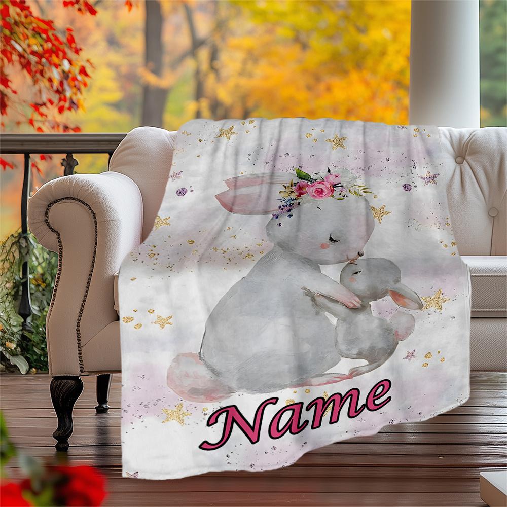 Cute Bunny Embrace Floral Background Design Customizable Outdoor Blanket Customize Text Durable Comfort Throw For Picnics Outdoor Travel And Camping