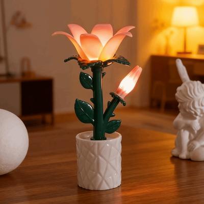 Pink Flower Table Lamp Tulip/Rose/Azure Orchid Potted Plant Lamp Ornament Plastic Desktop Decoration Camping Light Bedroom