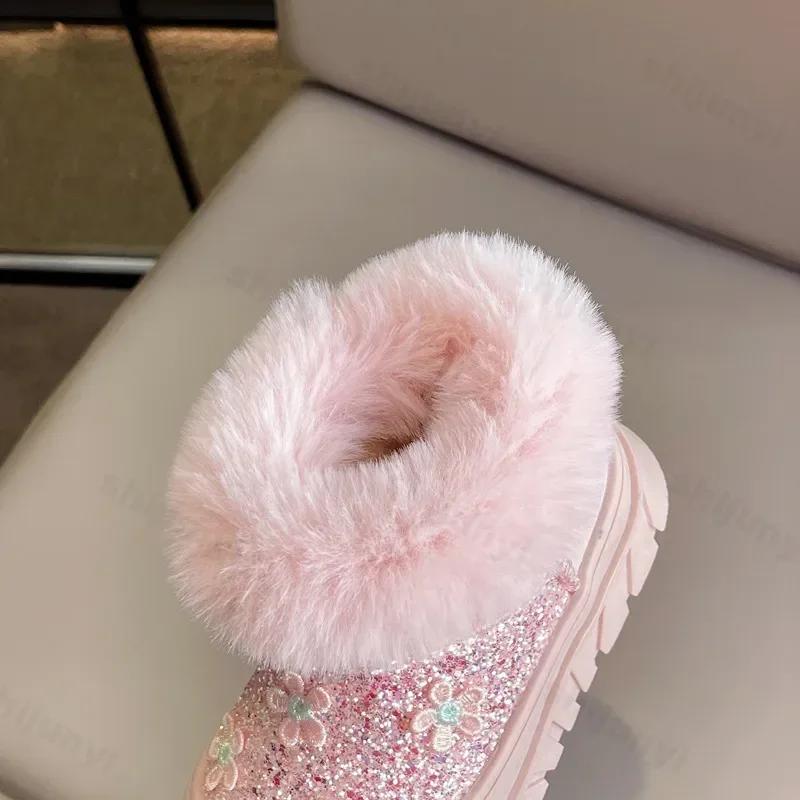 Children Snow Boots Thick Fleece Girls Cotton Shoes Fashion Shiny Warm Shoes New 2024 Winter Kids Ankle Boots Zapatos Niña