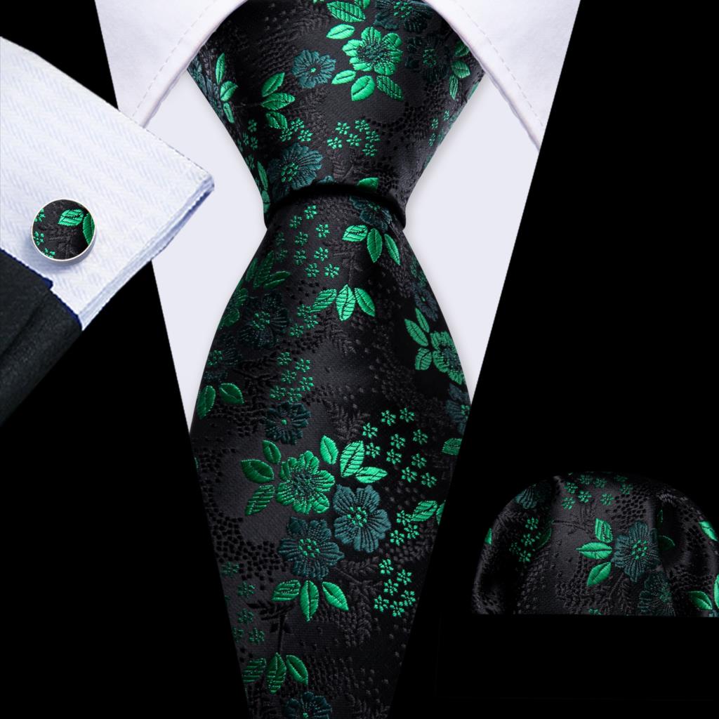 Barry.Wang Grün Minze Türkis Herren Krawatte Einstecktuch Manschettenknöpfe Set Jacquard Oliv Salbei Rasen Zyan Krawatte für Herren Hochzeit Geschäftsgeschenk black