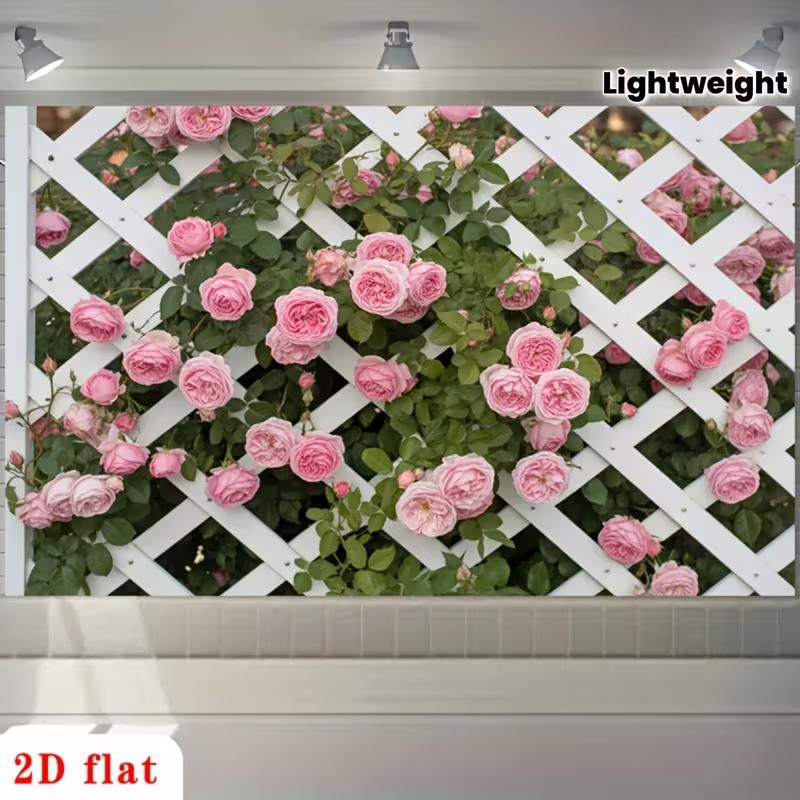 2D White Lattice Fence Pink Rose Floral Garden Backdrop
