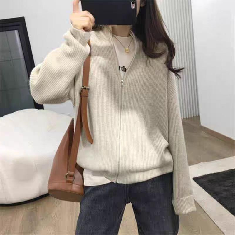 Autumn and Winter New Loose Stand-up Neck Sweater Jacket Women Wear Lazy Style Solid Color Zipper Knitted Cardigan Top