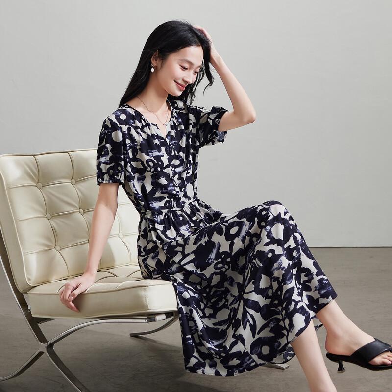 SOFSIL 2026 Summer French Print V-Neck A-Line Dress L