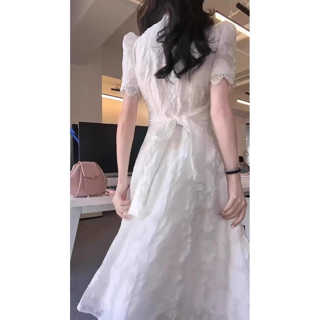 Coffee Break French White Lace V-Neck Bubble Sleeve Dress Summer Female Gentle Wind Fairy Dress Temperament Long Dress