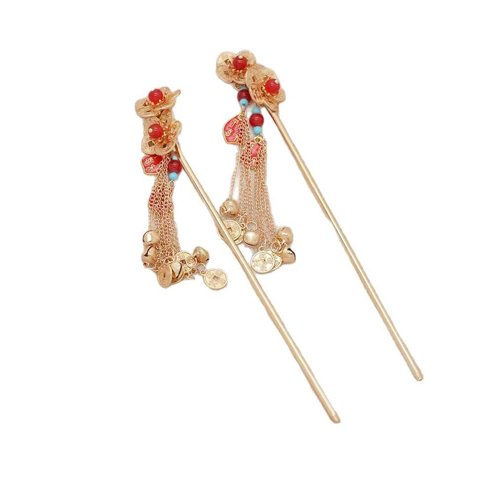 Vintage-Style Copper Coin Flower Hairpin with Tassel - Elegant Hanfu Hair Accessory