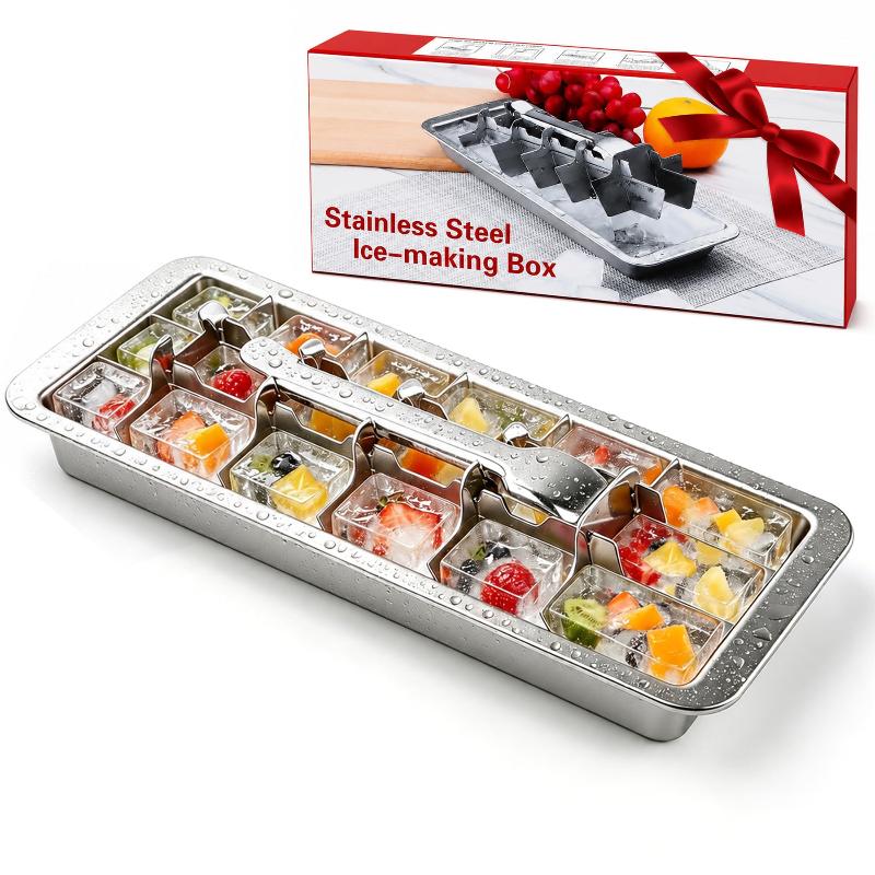 304 Stainless Steel Ice Cube Tray with Lever Handle Food Grade Metal Ice Maker for Freezer 18-Slot Easy-Release Ice Cubes Mold