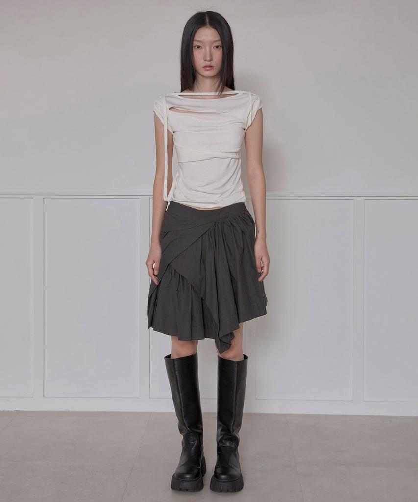 Peulleeoeob Asymmetrical Draped Layered Skirt (Fl-252_Charcoal)