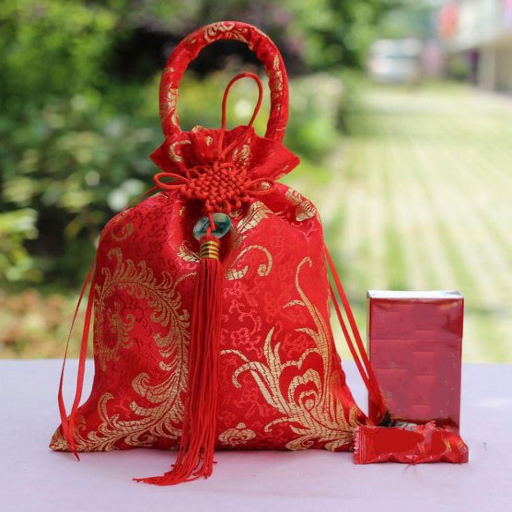 Chinesischer Stil Leinwand Blume Kordelzugtasche Große Kapazität Festliche Zuckertüte Neujahr