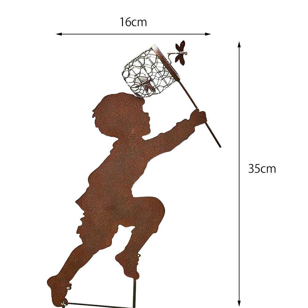 Children Silhouettes Chasing Metal Vintage Garden Silhouette Sculpture Yard Garden Metal Stake Decor