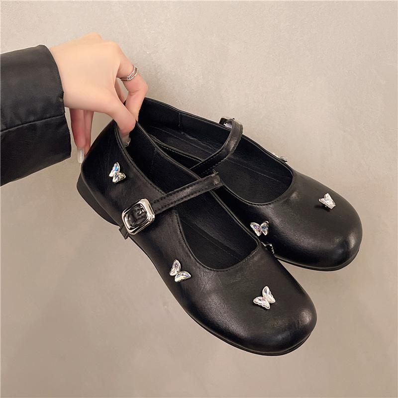 Fashion Butterfly Silver High-end French Flat-bottomed Light-mouth Single Shoes Women's Summer 2025 New Skirt Mary Jane Shoes