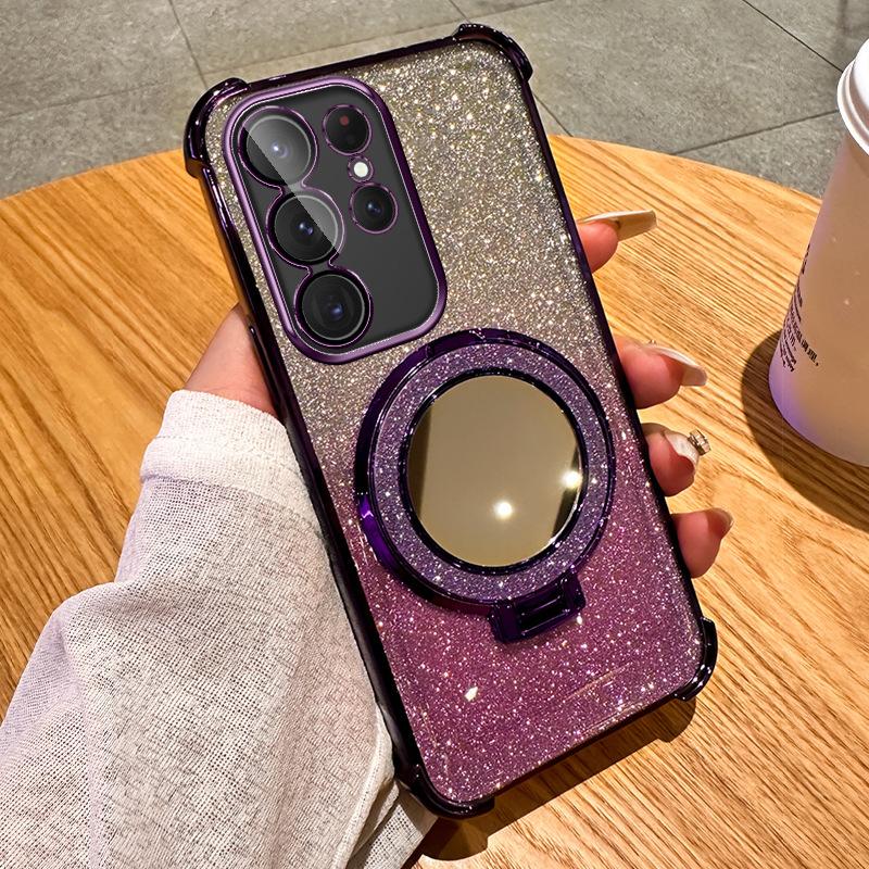 Suitable for Samsung S25 Ultra Electroplated Four Corner Airbag Mobile Phone Case S24 Makeup Mirror A17 Bracket A26 Anti Fall Cover 5