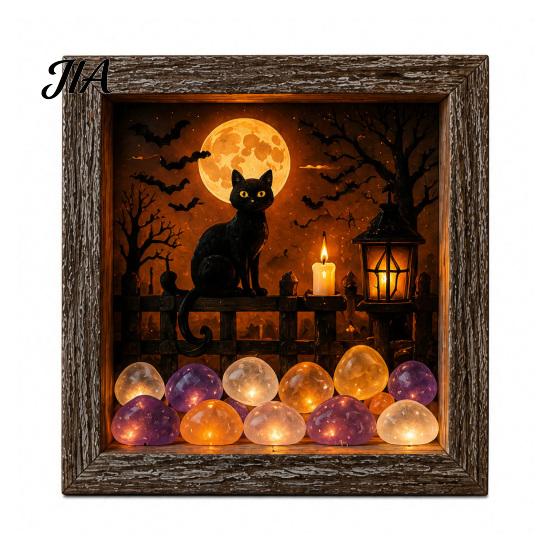 Seasonal Interior Decor Halloween Shadow Box Frame DIY Lighted Craft Kit, Wooden Night Light with Unique Gift for Lovers Sea Glass Stones, Gothic LED