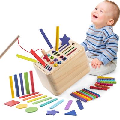 JUYEE Educational Fishing Box for 3-Year-Olds, Montessori Wooden Toy for Babies and Boys, Early Development, Color, Shape, and Spatial Recognition,