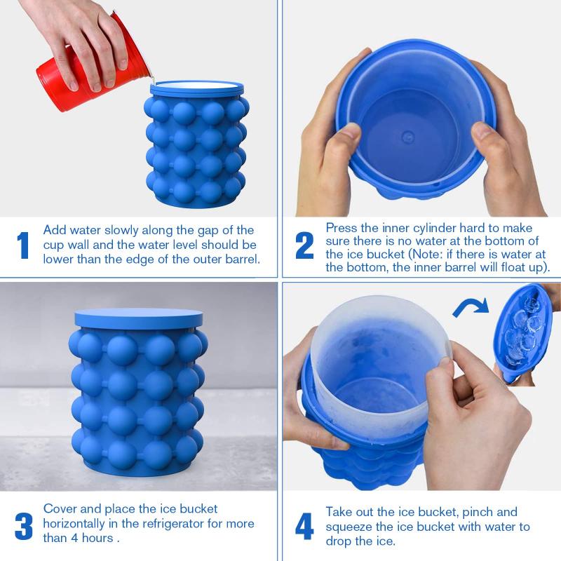 2-In-1 Silicone Blue Ice Cube Maker Circular Portable Ice Cube Mold Ice Tray Large Ice Bucket Suitable for Cold Beer Beverages