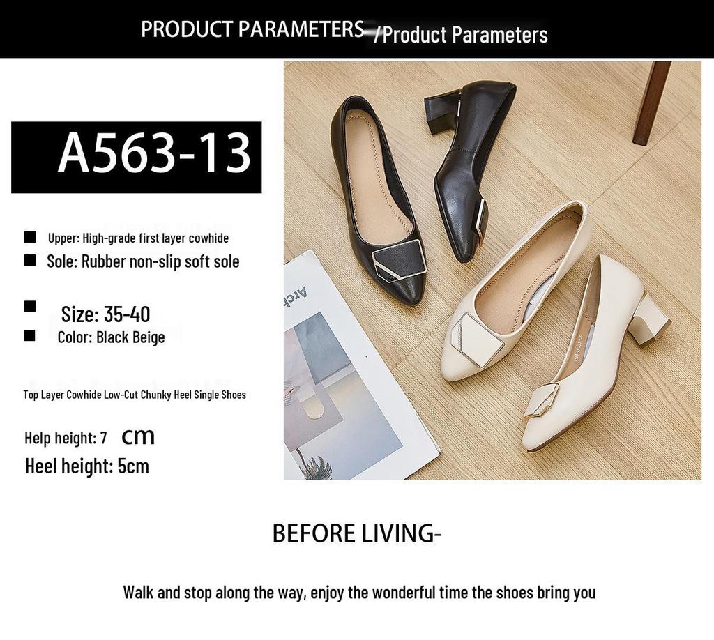 Women's French-Style Chunky Heel Cowhide Shoes - 2025 New Soft Sole, Low-Cut, Comfortable for Long Wear, Versatile for Work and Banquets