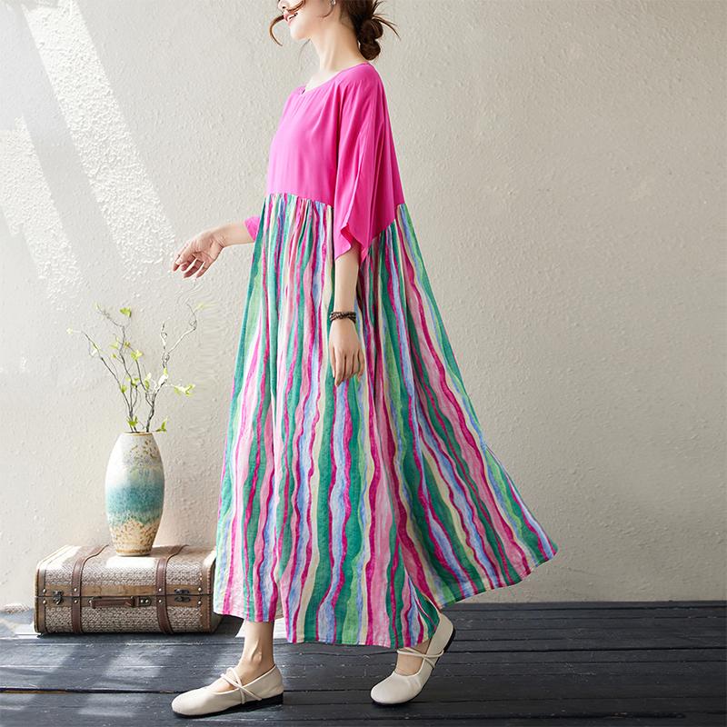 Dimanaf 2024 New Plus Size Dress Summer Women Loose Short Sleeve Beach Fashion Striped O-Neck Basic New Big Size