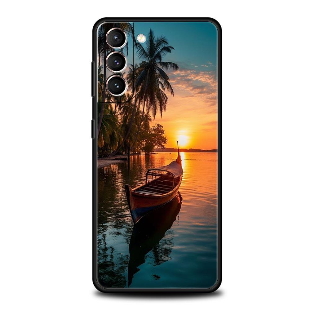 Summer Beach Scene at Sunset on sea Palm Tree Case For Samsung Galaxy S24 S23 S22 S20 Ultra S21 FE 5G S10 S9 Plus S10E S8 Cover
