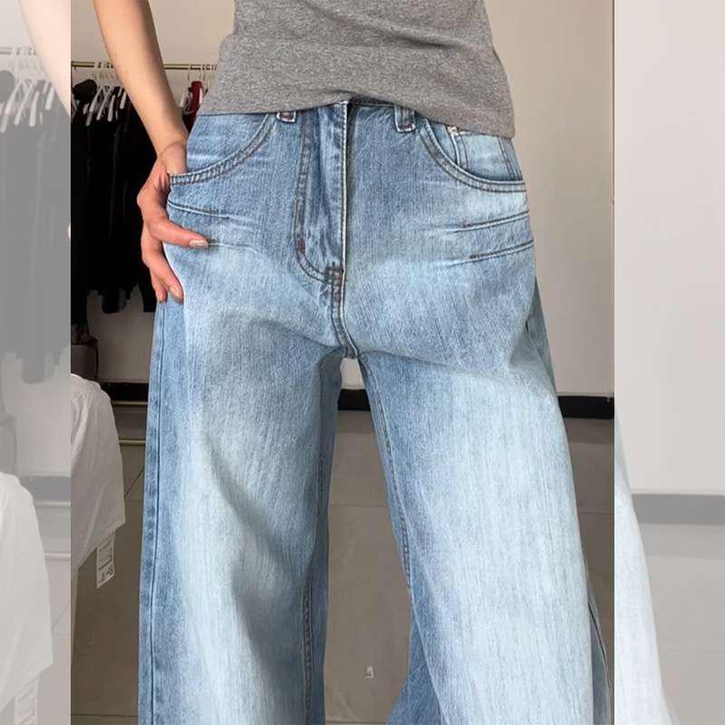 

Women s High Waist Blue Wide Leg Jeans - Loose Fit, Straight Leg Design 3XL