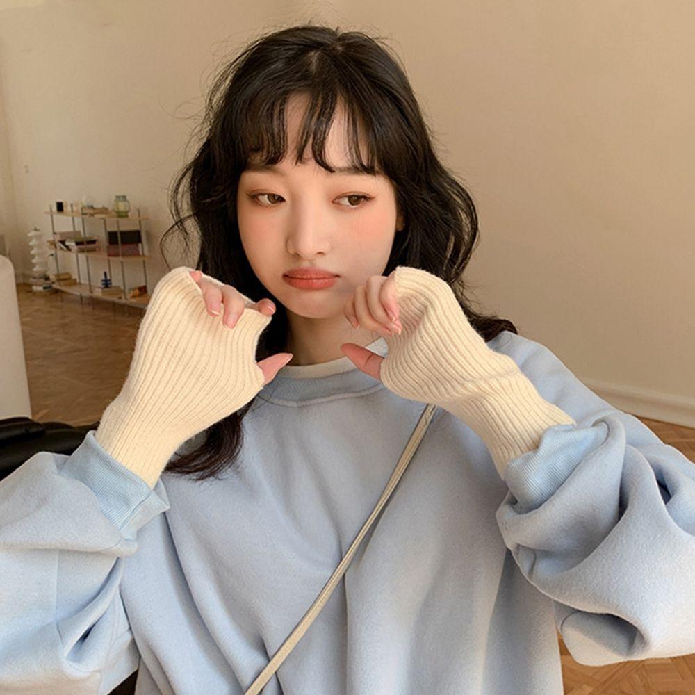 Winter Fingerless Mittens Solid Color Female Gloves Knitted Mittens Plus Velvet Half-finger Gloves