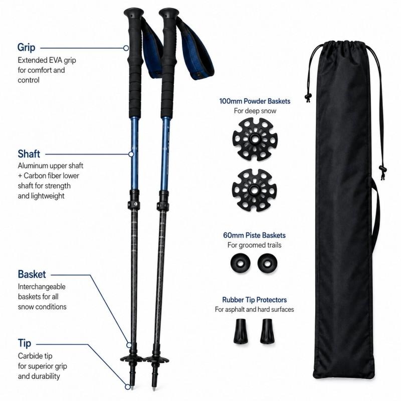 Zeroring Ski Touring Pole Set Aluminum Carbon Adjustable Snow Poles With Extra Baskets and Carry Bag