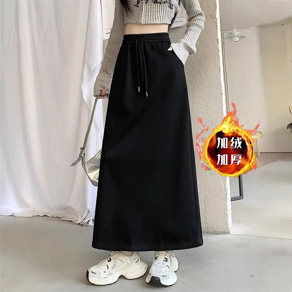 Gerader Fleecegefütterter Rock Damen Herbst Winter Hohe Taille A-Linie Bleistift Midi Schlitz Bodycon