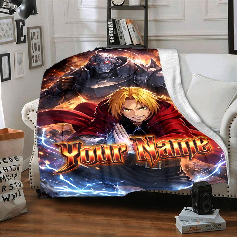1pc Fullmetal Alchemist Blanket with Custom Name, Gift, for Men and Women, Soft Blanket, Good for Sofa Bed Couch Travel, Lightweight Flannel Blanket