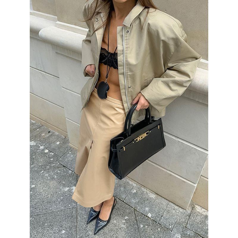 European and American Khaki Leather Retro Style Mid Waist Slim Fit Slimming Sexy Split High Waist Skirt