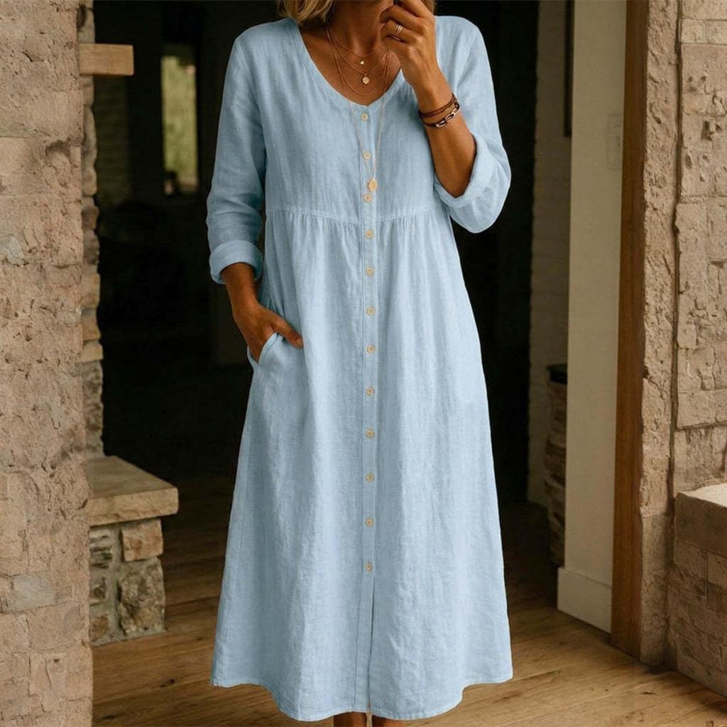 Women's Fashionable Casual Cotton-Linen Long-Sleeve Button-Down Dress