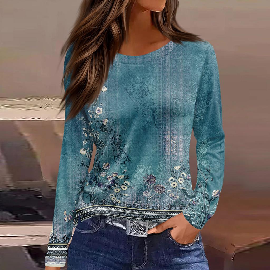 Damska modna, swobodna, rozcięta na dole, okrągły dekolt, długi rękaw, luźny, nadrukowany T-shirt