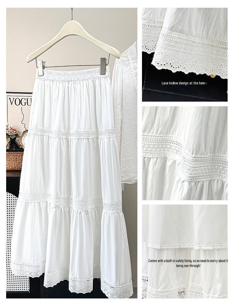 2026 Mori Style A-line Skirt: High Waist, Slimming, with Layered Hollow Embroidery and Lace Patchwork