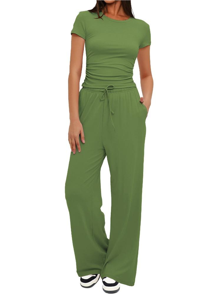 Solid Color Casual Long Sleeve Set Top High Waisted Wide Leg Pants Sportswear