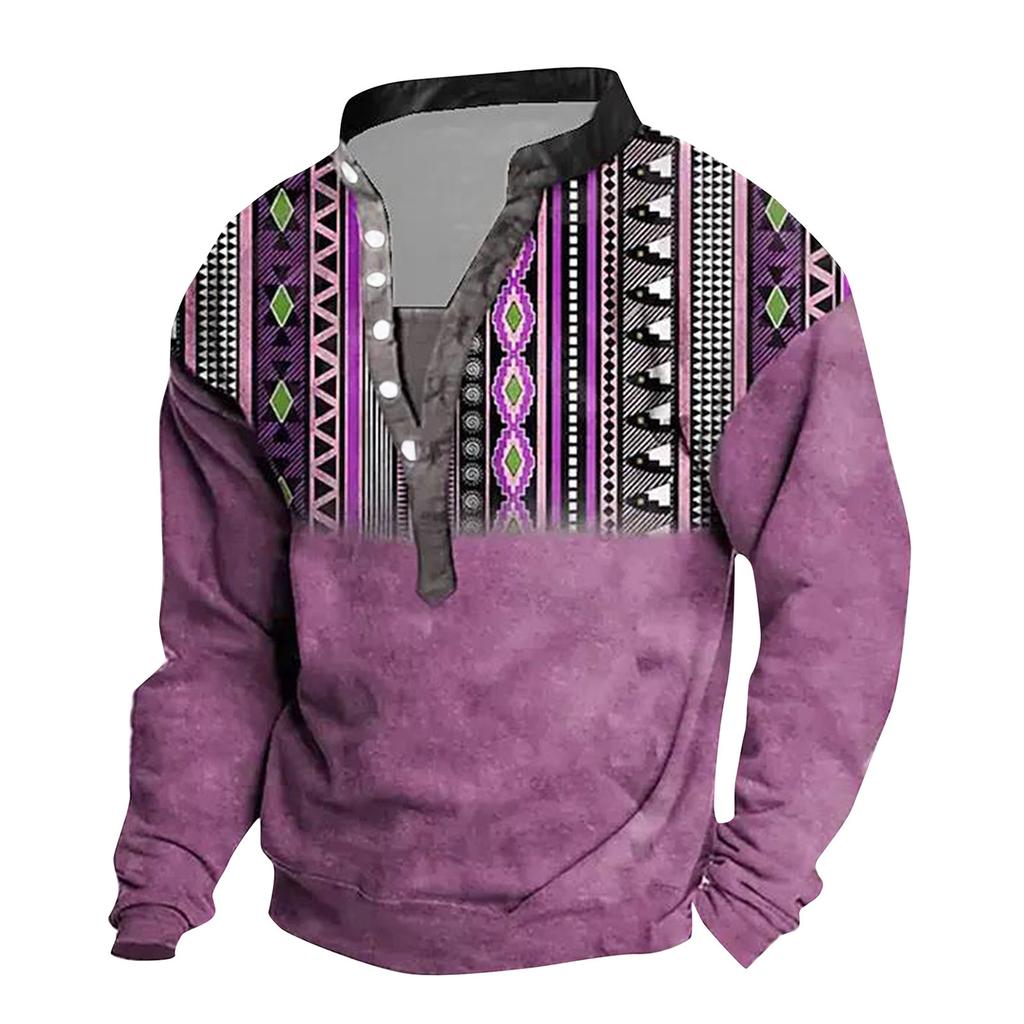 V-neck Sweater Men's 3d Digital Printing Stand Collar 6 Button Vintage Collar