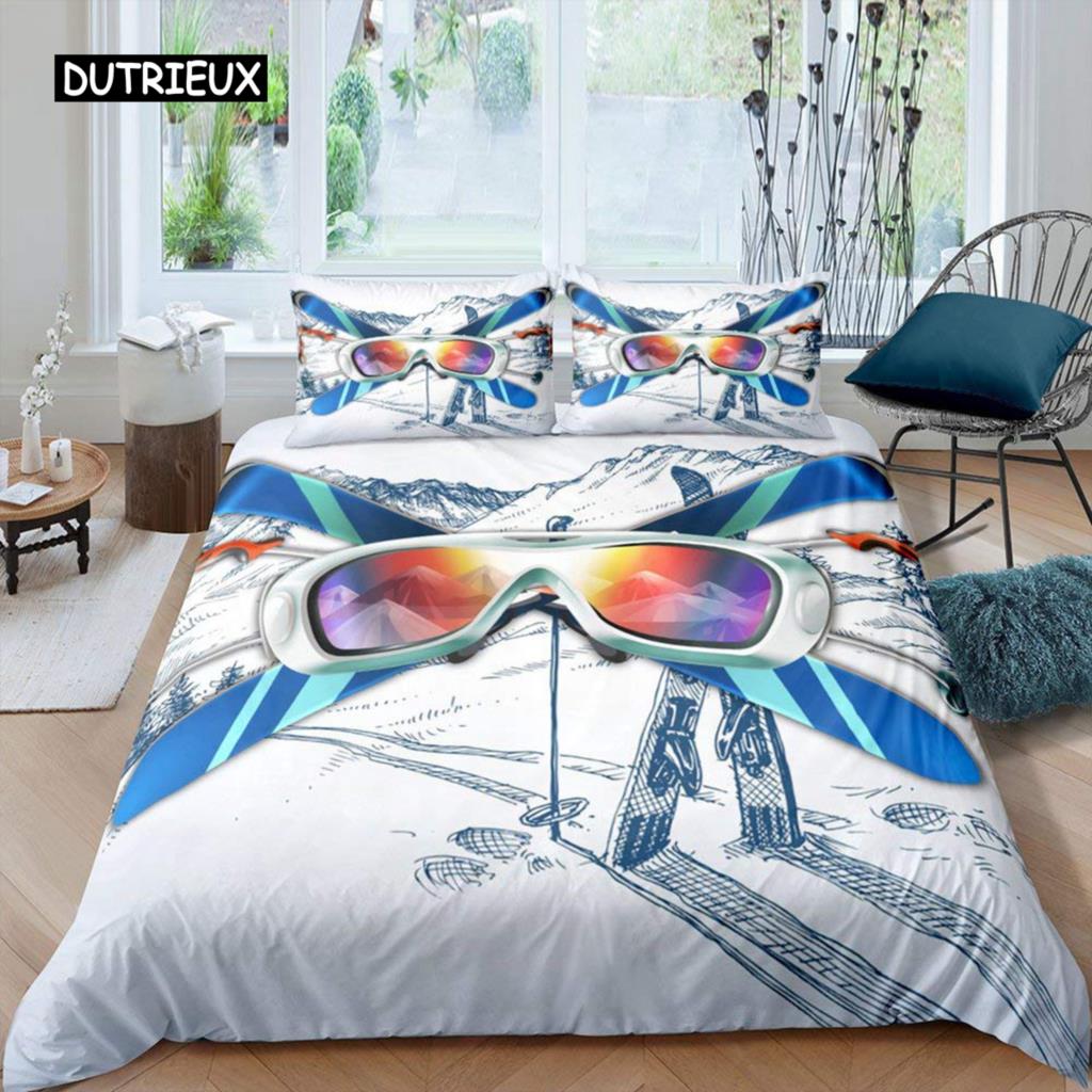 Ski-Bettbezug-Set, Cartoon-Ski-Bettwäsche-Set, Sport-Thema, Bettbezug, Extremsport-Design, Queen- und King-Size-Bettbezug