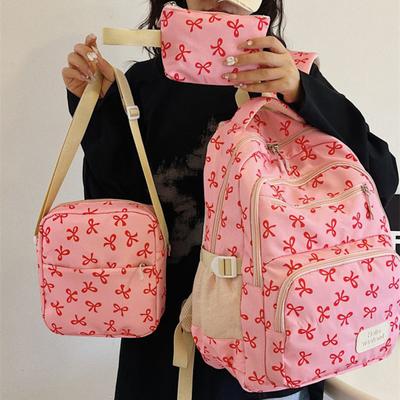 3 Pcs/Set Women Bow Bag Backpack Clutch Shoulder Bag Set Travel Rucksack with Bow Pattern for School Camping Travel