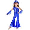 Kids Girls Jazz Disco Dance Jumpsuit Sleeveless One Shoulder Sequins Tassels High Waist Flared with Gloves and Fedora Hat for Banquet Pageant Party