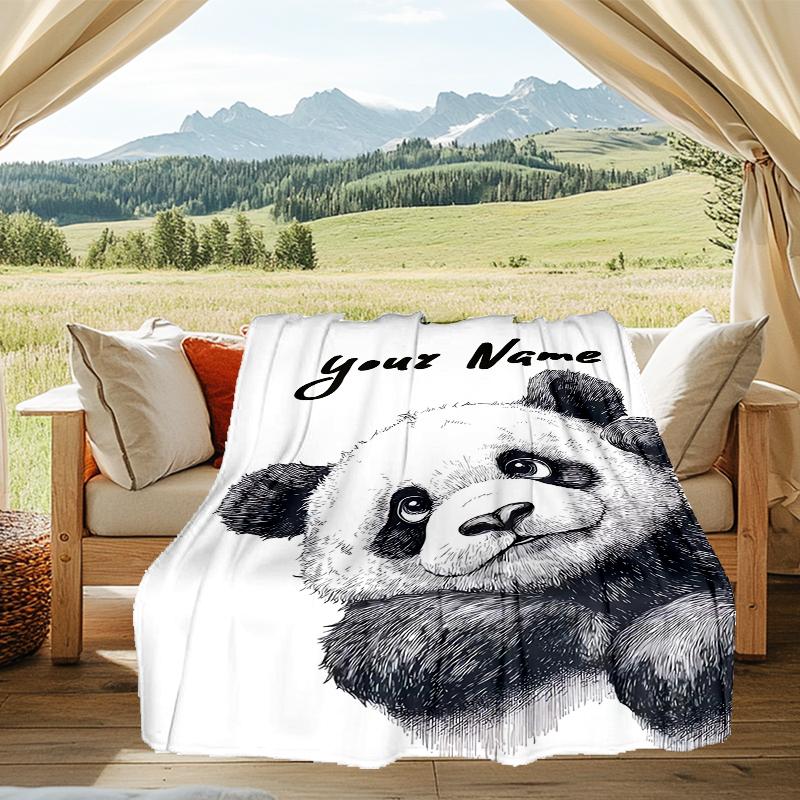 1PC Custom Name Panda Sketch Card outdooor Flannel blankets Throw Blanket All-Season Throw Gift Bedspread for Couch, Bed, Camping Holiday Birthda