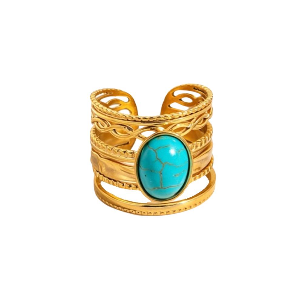 Stainless Steel Geometric Hollow Ring Hollow Pattern Colored Stone Ring Open Ring For Women