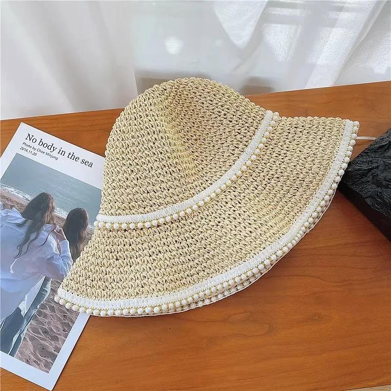 

Women s Woven Straw Sun Hat - UPF 50+, Wide Brim, Pearl - Decorated Bucket Hat for Summer Beach & Park M 56-58cm бежевий