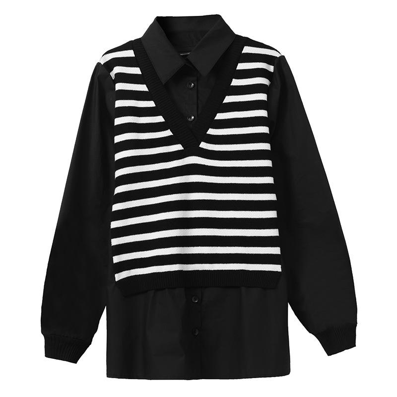 Spring New Striped Knitted Shirt Plus Size Women's Casual Vacation Two-piece Long-sleeved Top
